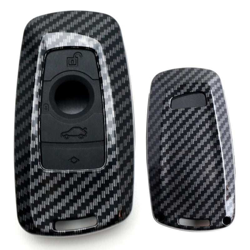 iJDMTOY Carbon Fiber Pattern Smart Key Fob Shell w/Black Silicone Key Button Skin Compatible with BMW 2 3 4 5 6 7 Series X1 X2 X3 X4 (Fit Most Fxx Chassis) - Image 1